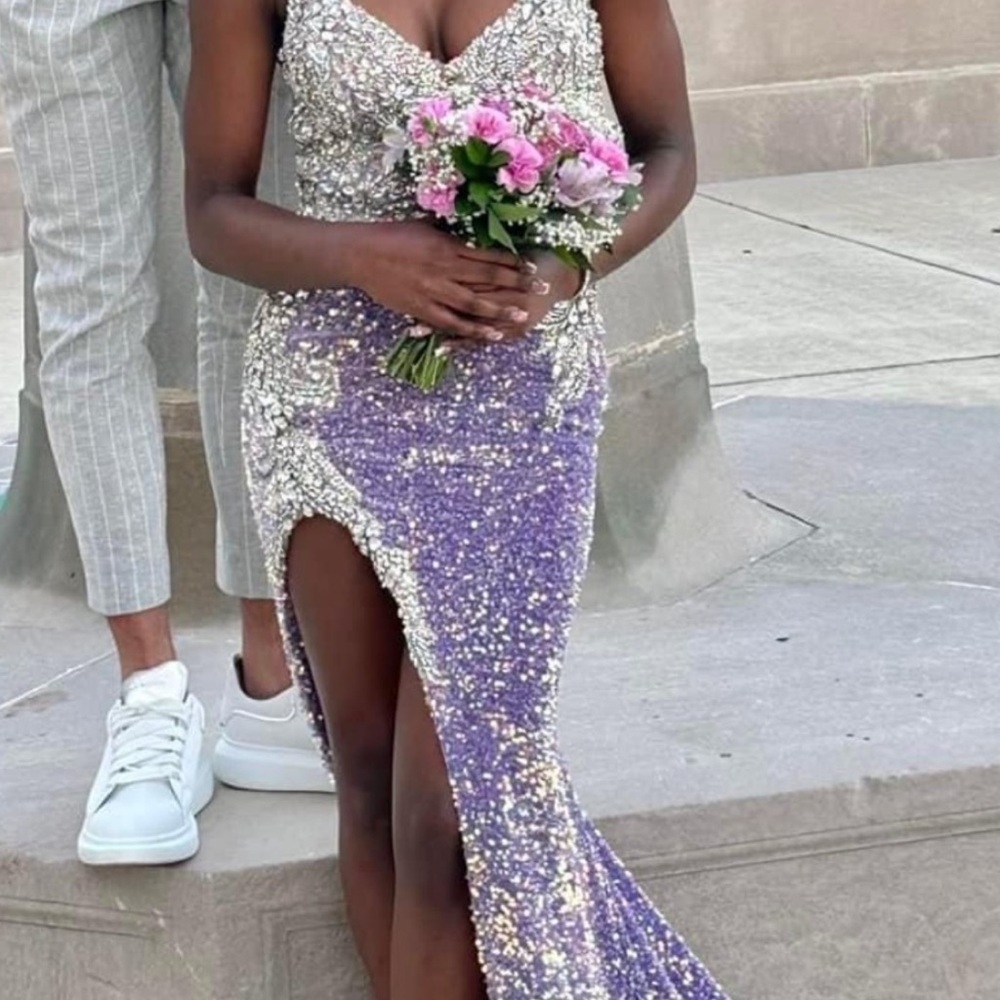 Portia and Scarlett Purple and Silver Sequin Dress for prom or homecoming